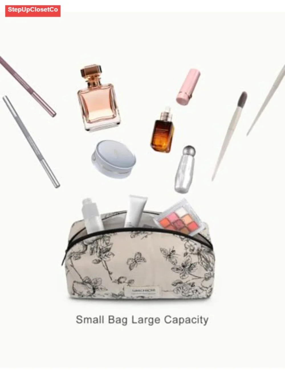 Quilted Cotton Makeup Bag, Vintage Floral Cosmetic Organizer, Travel Toiletry